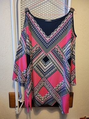 JM Collection Pink and Navy Cold-Shoulder Tunic with Geometric Print